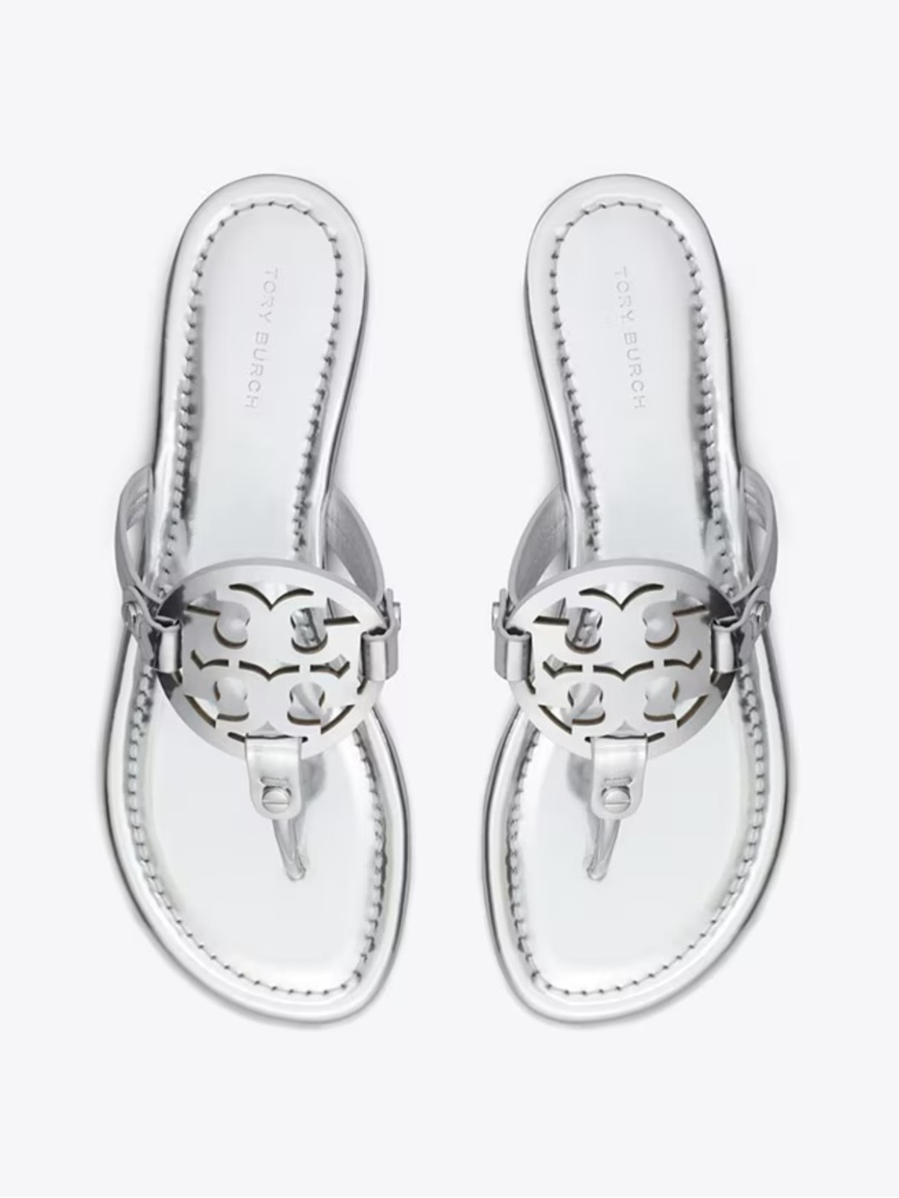 Tory Burch Metallic Silver Logo Thong Sandals